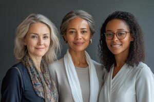 Three women of diverse backgrounds pose together for a portrait in natural light. photo