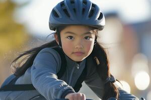 Young girl rides bicycle in urban setting during bright daylight. photo