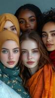 Diverse group of women showcasing unity and cultural beauty in colorful headscarves. photo