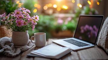 Cozy workspace with flowers, laptop, and warm drink in a bright indoor setting during golden hour. photo