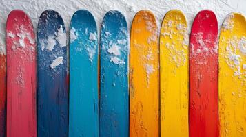 Vibrant collection of colorful skis lined up against a textured wall. photo