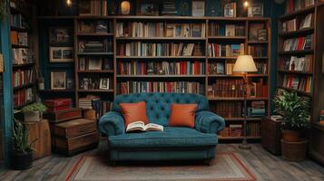 Cozy reading nook with blue couch and extensive book collection in a warm atmosphere. photo