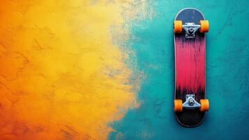Skateboard on a vibrant background with orange and turquoise colors in an urban setting. photo