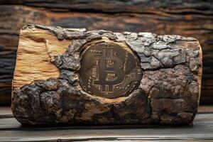 Bitcoin symbol embedded in weathered wood on a rustic surface. photo