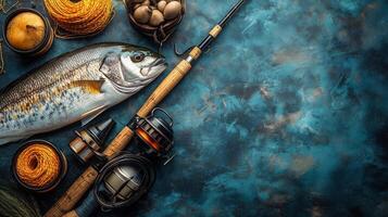 Fishing gear and fresh catch displayed on a textured background with natural elements and accessories. photo
