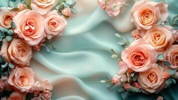 Soft pink roses on a light background with elegant fabric drapery. photo