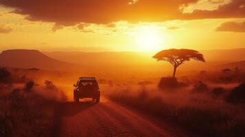 Sunset drive through African savannah with dust rising on the road. photo
