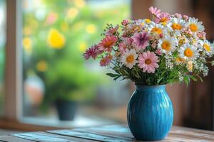 Vibrant bouquet of wildflowers in a blue vase on a wooden table near a sunlit window. photo