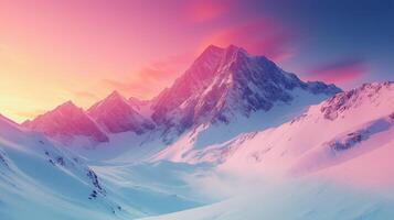Snowy mountain landscape with vibrant sunrise illuminating peaks at dawn. photo