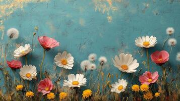 Colorful wildflowers bloom against a textured blue background in a vibrant display of nature's beauty. photo