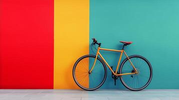 Brightly colored bicycle against vibrant wall in urban setting. photo