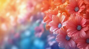 Vibrant blossoms in various hues create a stunning floral display in warm sunlight. photo