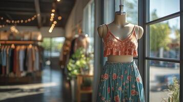 Trendy summer outfit displayed on mannequin in boutique during bright afternoon. photo