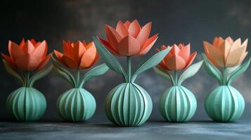 Colorful paper flowers arranged in creative vases showcase craftsmanship and artistry in floral design. photo