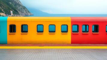Vibrant train car stands at coastal station with colorful exterior in a scenic location. photo