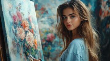 Young artist painting vibrant flowers in an art studio during a sunny afternoon. photo