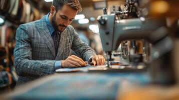 Tailor crafts custom suit in workshop during afternoon hours in bustling neighborhood. photo