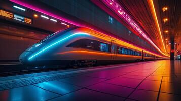 Brightly lit modern train platform with vibrant neon lights at a bustling city station. photo