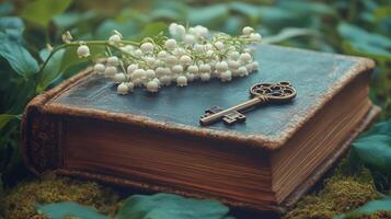 Old book with a vintage key and lily of the valley on green foliage. photo