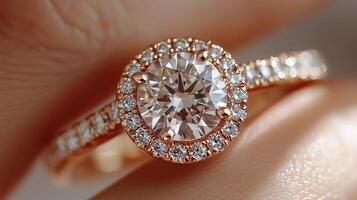 Elegant diamond ring with rose gold band showcased on a delicate hand in a soft light setting. photo