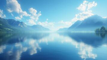 Serene landscape with mountains and clear blue lake under a vibrant sky. photo