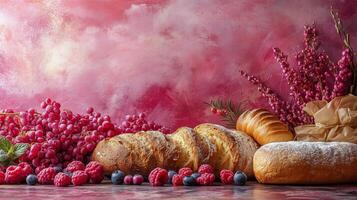 Assorted bread and berries arranged on a table with pink wall background. photo