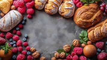 Freshly baked bread surrounded by an assortment of berries and nuts on a textured surface. photo