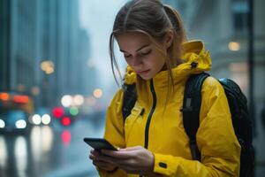 Young woman in yellow raincoat using smartphone on rainy city street during evening. photo