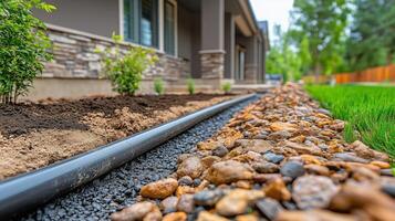 Landscape features with gravel path and irrigation system in a residential garden. photo