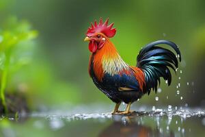Colorful rooster standing by the water in a green lush environment during daytime. photo
