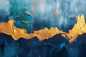 Elegant abstract blue and gold art piece depicting fluid textures and vibrant colors. photo