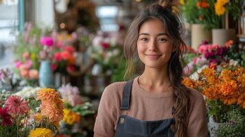 Smiling young woman in floral shop surrounded by vibrant flowers during daylight. photo