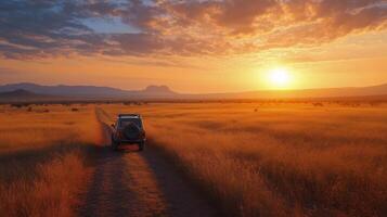 Sunset drive through golden plains with distant mountains at dusk. photo