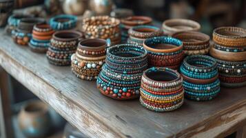 Colorful handcrafted bracelets displayed on a rustic wooden table in a artisan shop. photo