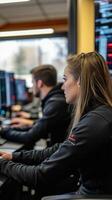 Traders engaged in market analysis in a technology-driven workplace environment. photo