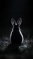 Rabbit silhouette against dark background showcasing soft fur texture and prominent ears at night. photo