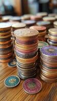 Stacks of colorful coins display intricate designs on a wooden table in a bright setting. photo