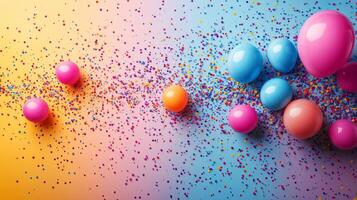 Colorful celebration with balloons and confetti on a gradient background. photo