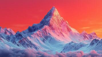 Majestic snow-capped peak under a colorful sunset sky in a mountainous region. photo