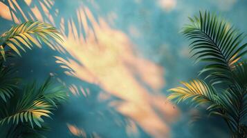 Lush green palm leaves casting shadows in tranquil sunlight at golden hour. photo
