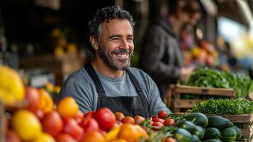 Farmers market vendor smiles while surrounded by fresh produce and customers in a vibrant outdoor setting. photo