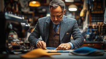 Crafting leather goods in a workshop during the day by a skilled artisan. photo