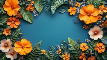 Vibrant orange and white flowers surrounded by green foliage on a blue background. photo