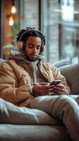 Young man relaxes on couch while listening to music with headphones in a cozy indoor setting. photo