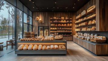 Bakery interior showcasing a variety of artisan breads and pastries in a modern design. photo