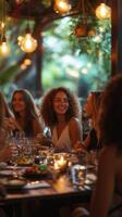 Joyful gathering of friends sharing a meal in a cozy restaurant at dusk. photo