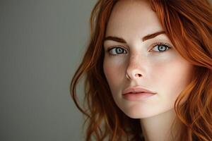 Model with vibrant red hair and striking blue eyes poses softly against a neutral background. photo