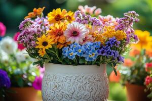 Vibrant bouquet of seasonal flowers arranged in a decorative pot during sunny afternoon. photo