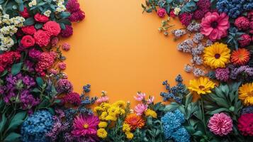 Colorful floral arrangement on bright orange background showcasing various flower types and colors. photo