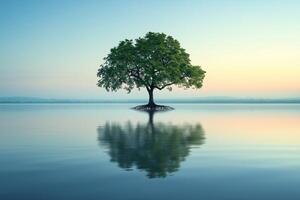Solitary tree stands in calm water reflecting the serene sky at dawn. photo